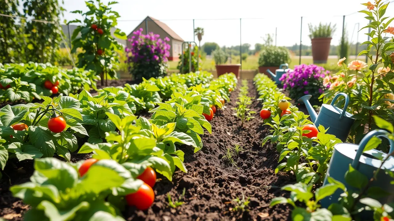 Horta exuberante e ensolarada com diversos vegetais.