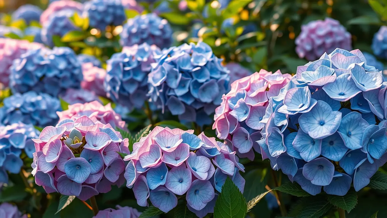 Jardim exuberante com hortênsias coloridas.