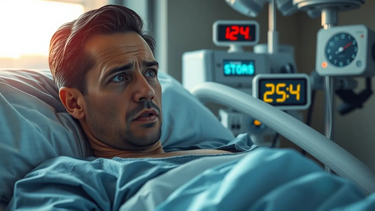 Sonhar com Horário da Cirurgia: Desvende os Significados! Pessoa ansiosa olhando o relógio antes da cirurgia.