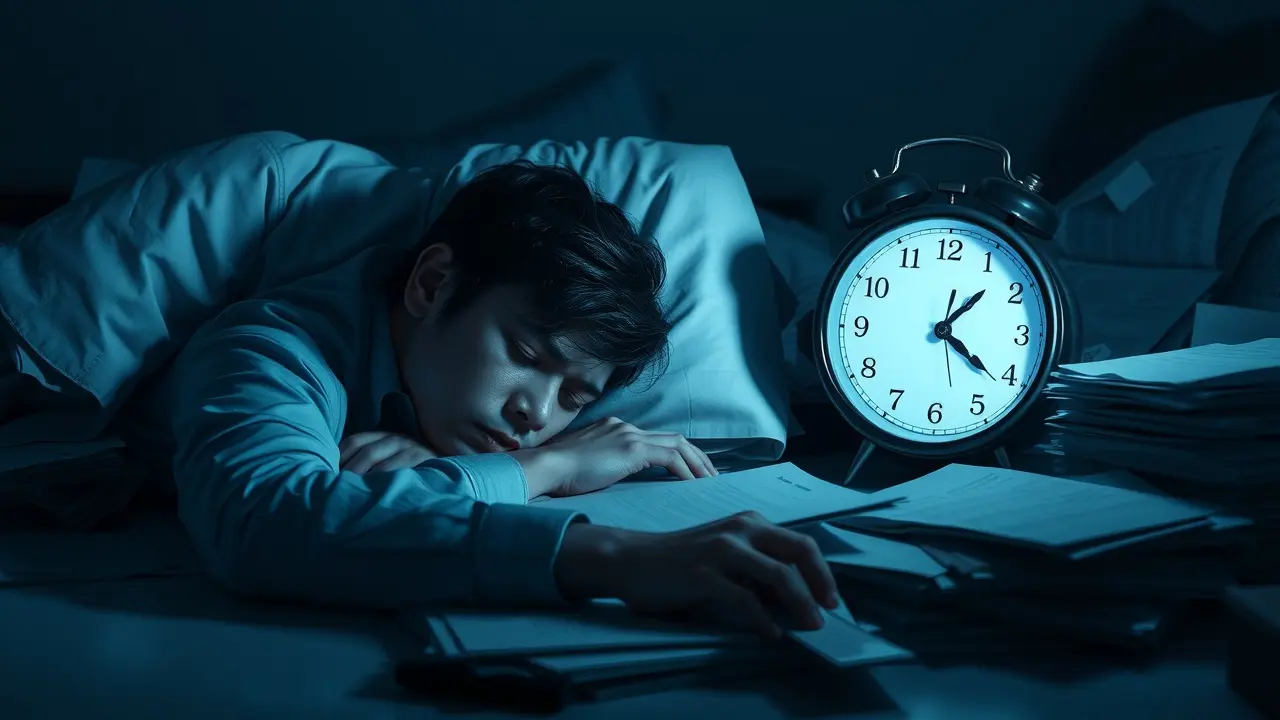 Significado de Sonhar com Horário da Entrevista de Emprego: Interpretações e Conselhos Pessoa estressada dormindo com relógio mostrando horário de entrevista.