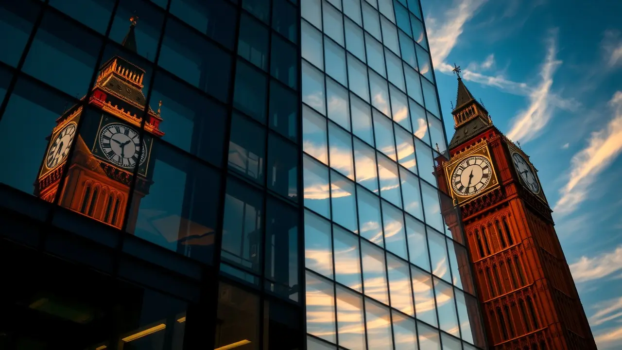 Relógio refletido em prédio simbolizando sonhos com horário de reunião