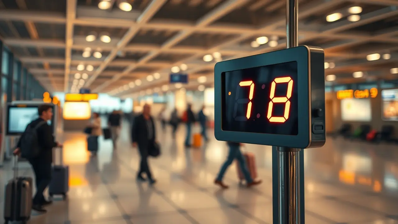 Relógio indicando horário de desembarque em aeroporto movimentado.