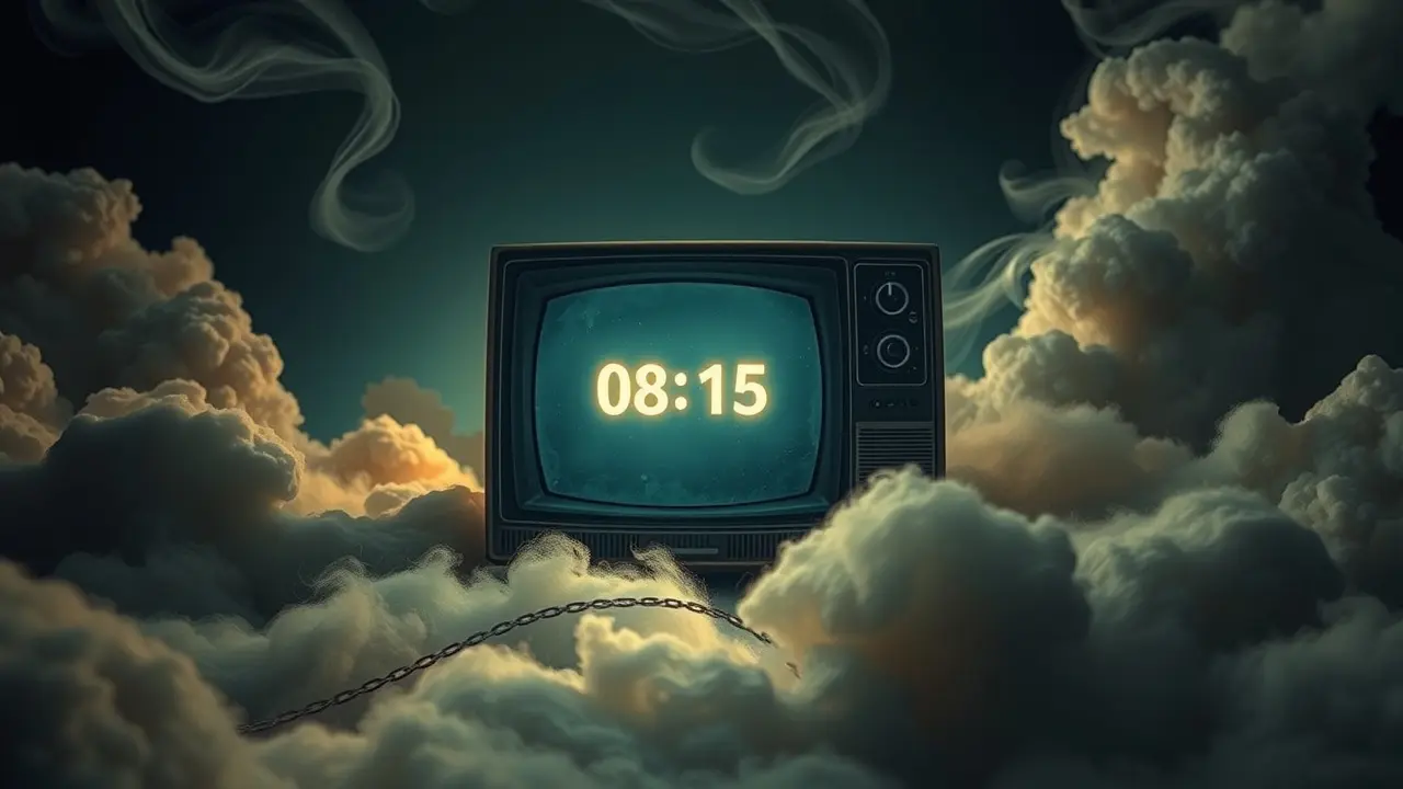 Televisão antiga com relógio brilhante em sonho.