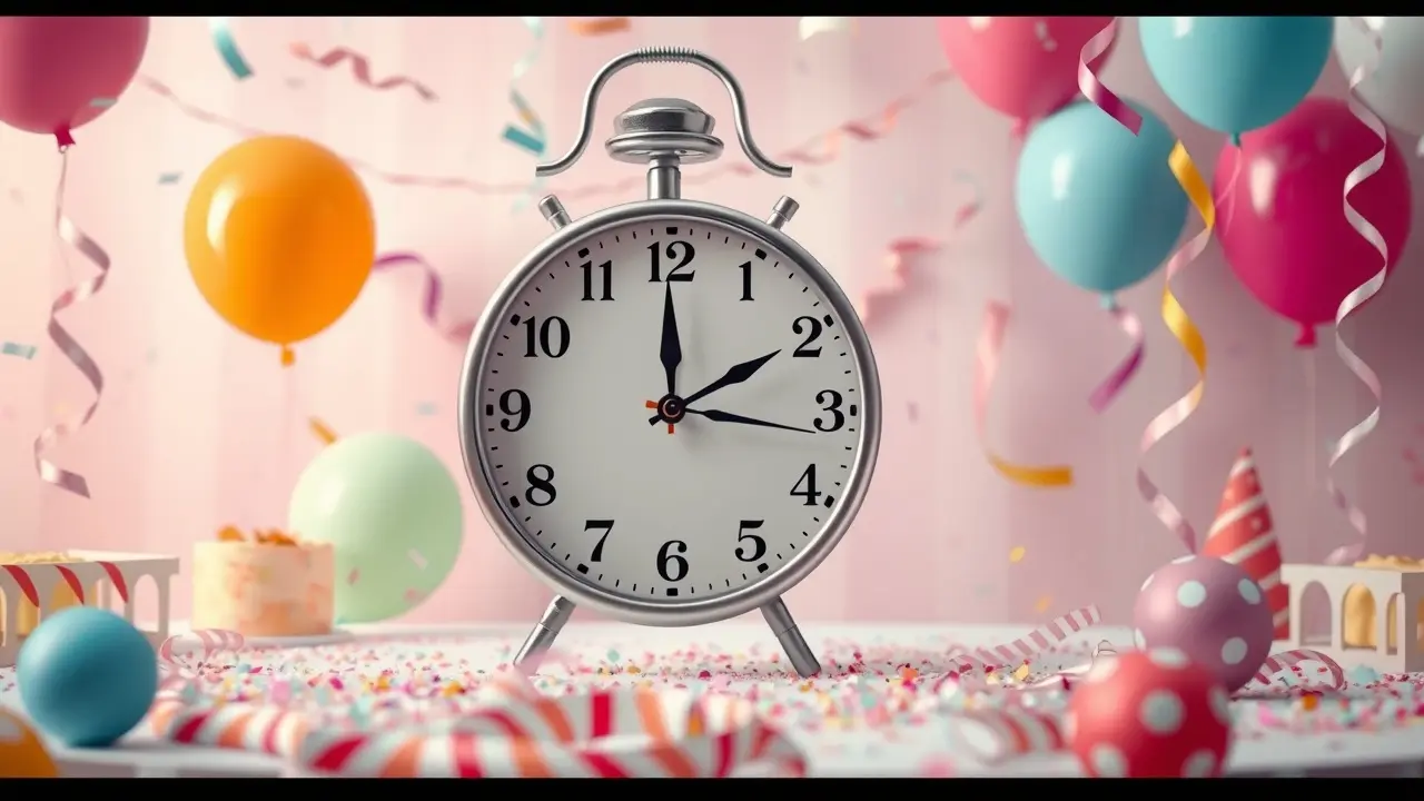 O Significado Profundo de Sonhar com Horário de Início da Festa Relógio mágico cercado de decorações de festa