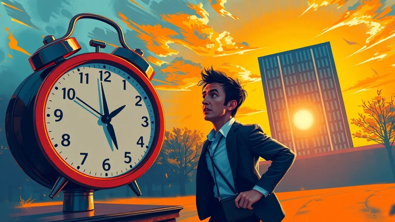 Sonhar com Horário de Início do Expediente: Decifre o Significado Pessoa ansiosa olhando para o relógio a caminho do trabalho, indicando preocupação com o horário de início do expediente.