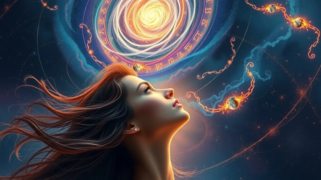 Significado de Sonhar com Horóscopo: Decifrando os Símbolos Astrais em Seus Sonhos Mulher contemplando galáxia com símbolos do zodíaco