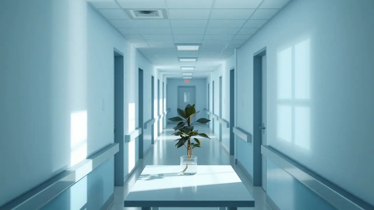 Corredor de hospital com luz suave e planta