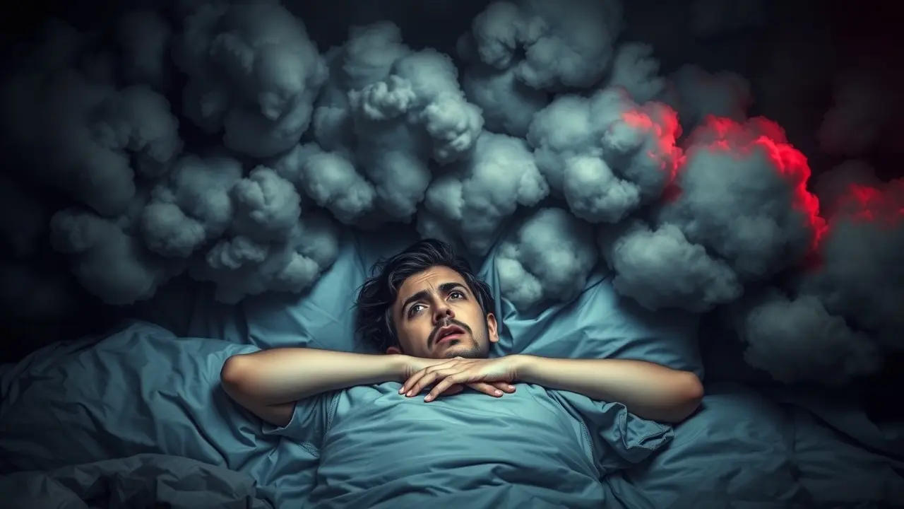 Mulher deitada na cama perturbada por nuvens escuras.