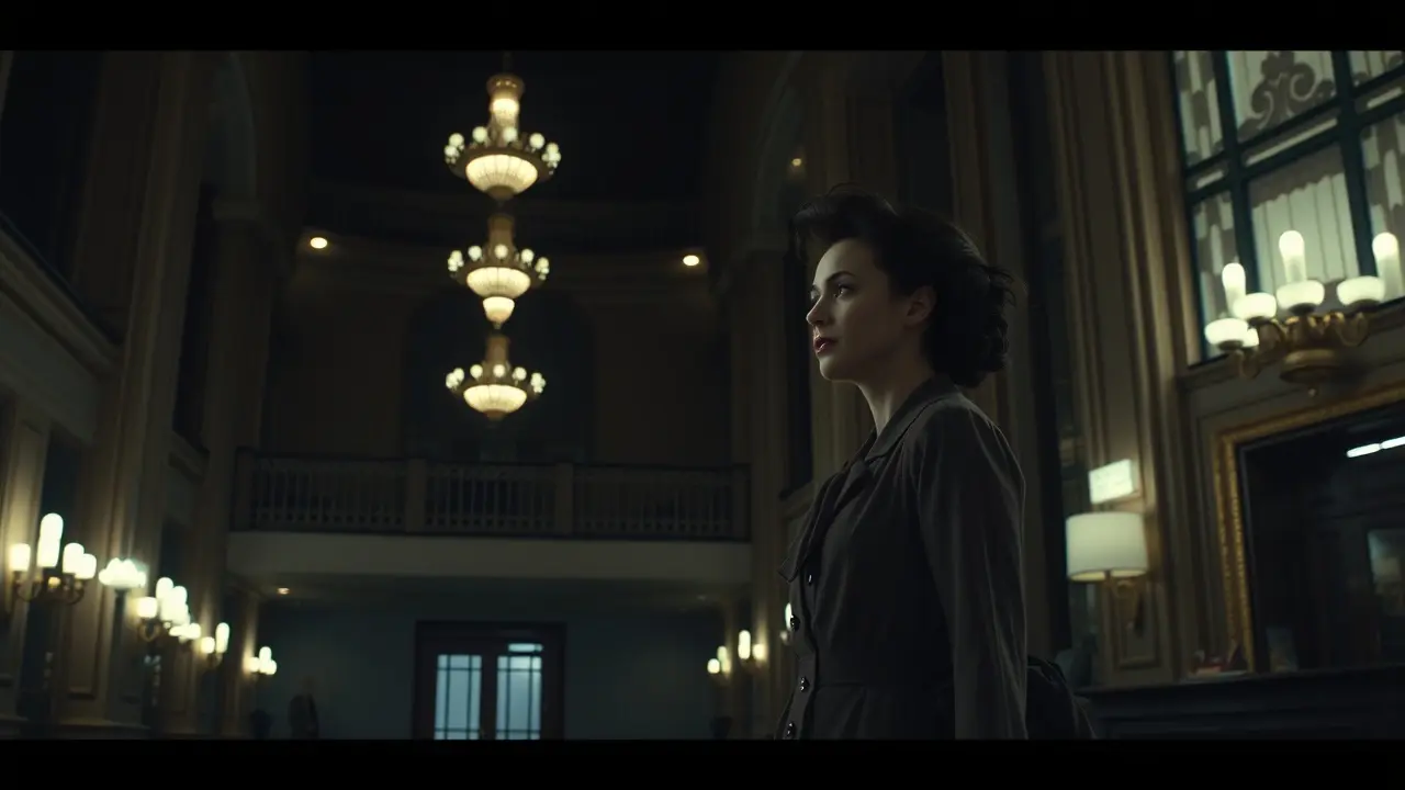 Sonhar com Hotel: Descubra os Significados Ocultos Mulher contemplativa em lobby de hotel art déco.