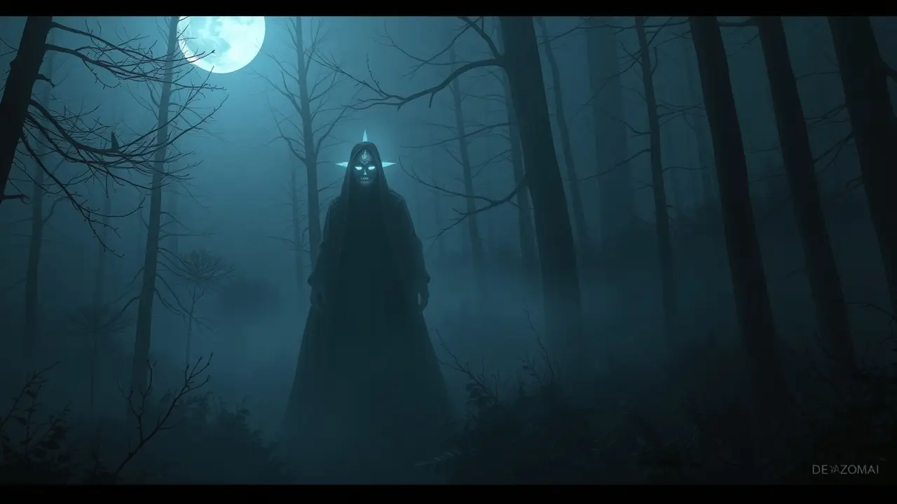 Figura sombria de Huath na floresta