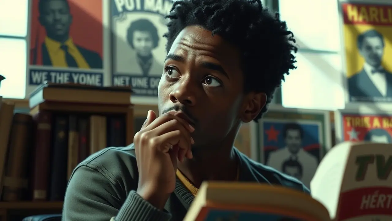 Sonhar com Huey Freeman: Decifre os Símbolos e Significados Huey Freeman em profunda reflexão, cercado por livros e pôsteres políticos.