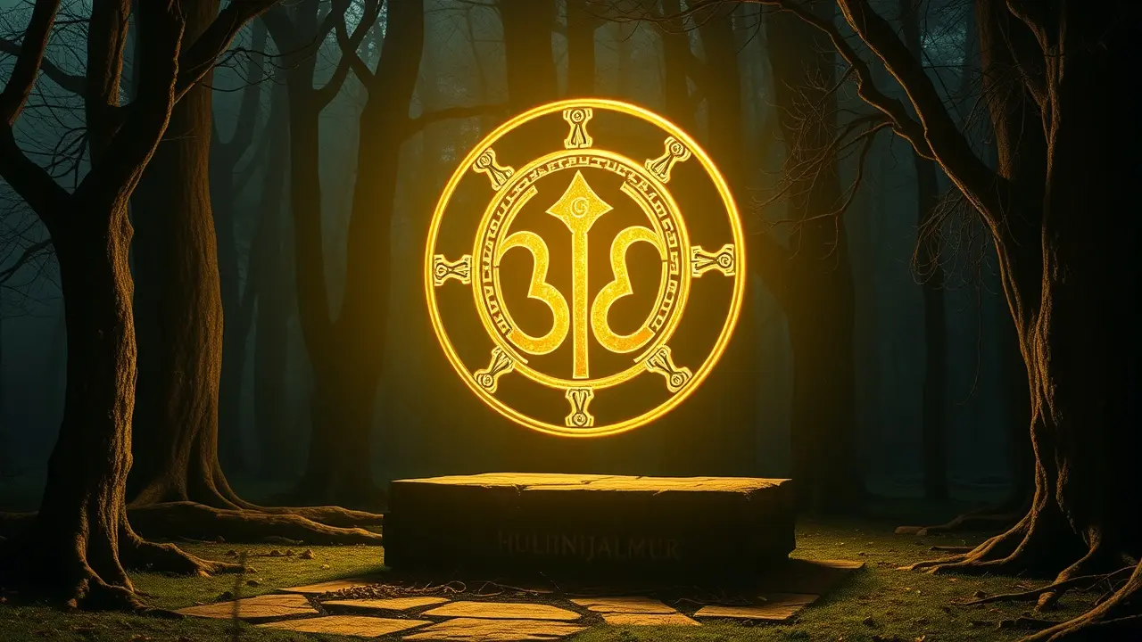 Hulinhjalmur brilhante em floresta mística.