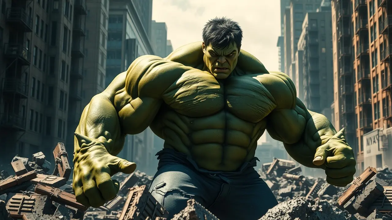 Hulk furioso em meio a escombros.