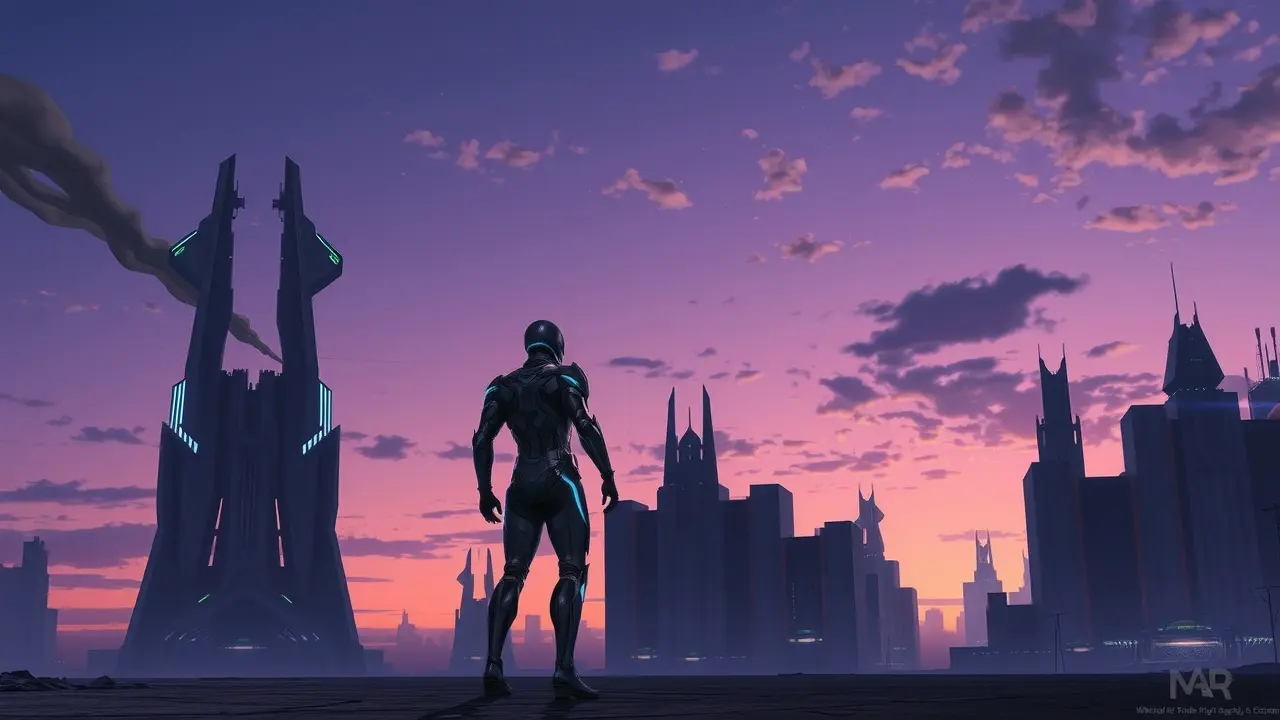 Sonhar com Humanoide: Desvende os Significados e Simbolismos! Humanoide solitário em cidade futurista.