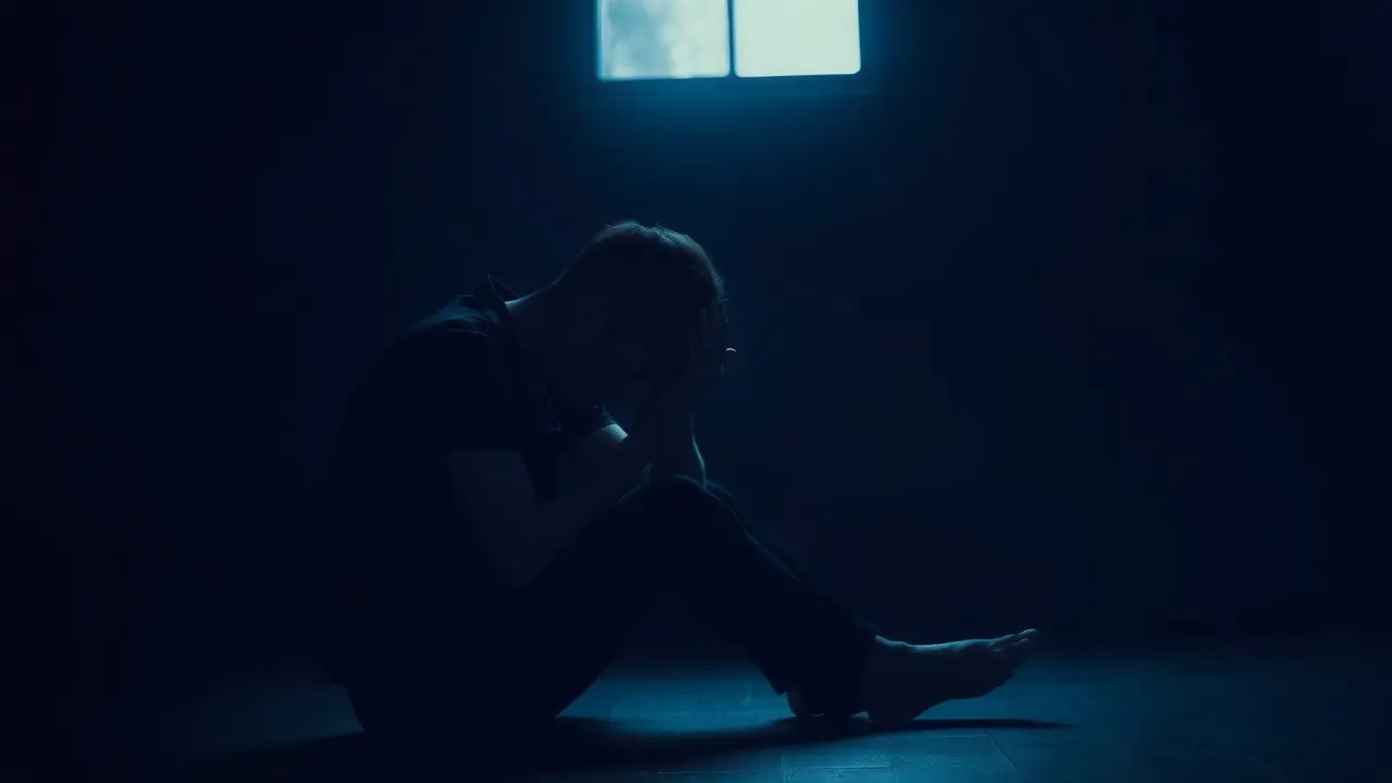 Pessoa chorando em um quarto escuro, expressando tristeza e vulnerabilidade