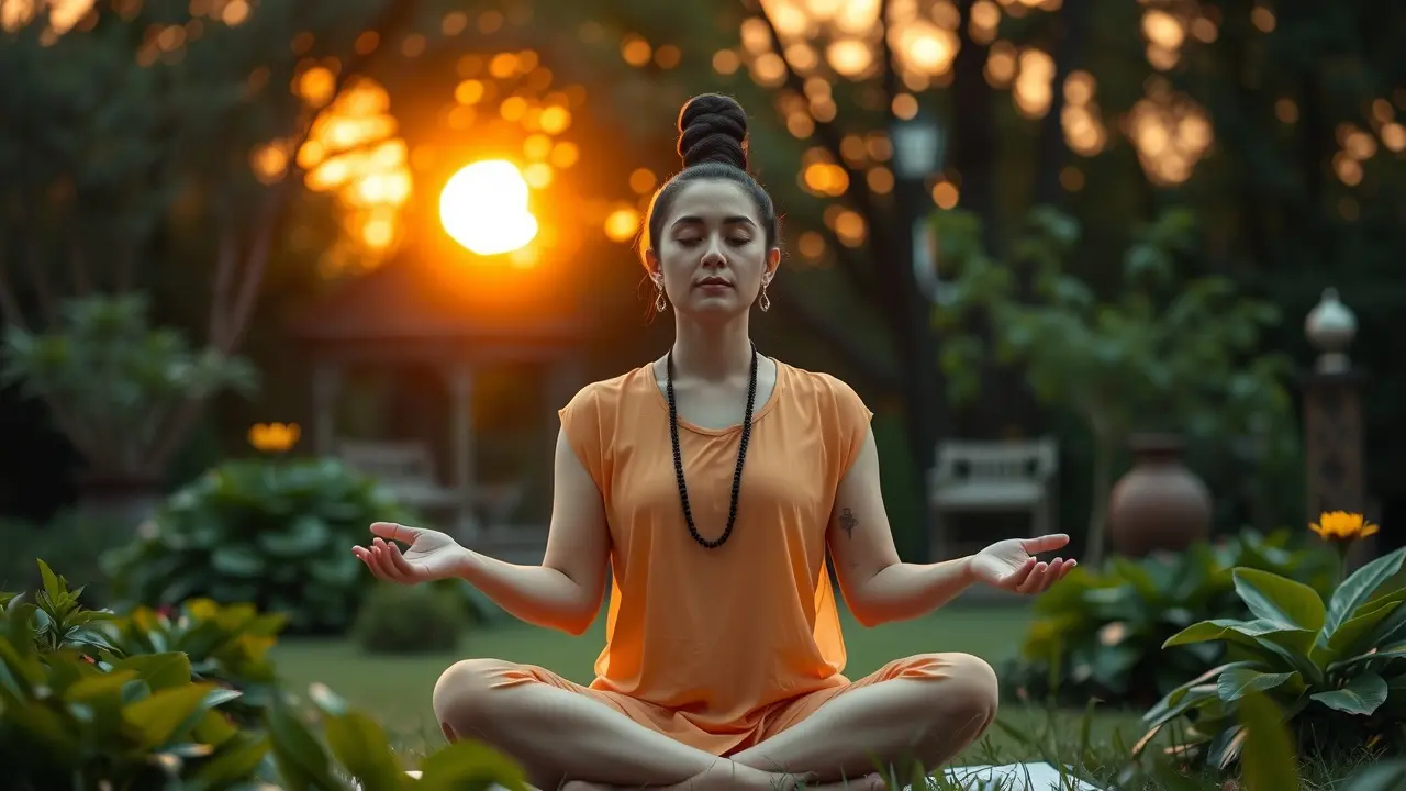 Mulher meditando com ferramenta huàn flutuando