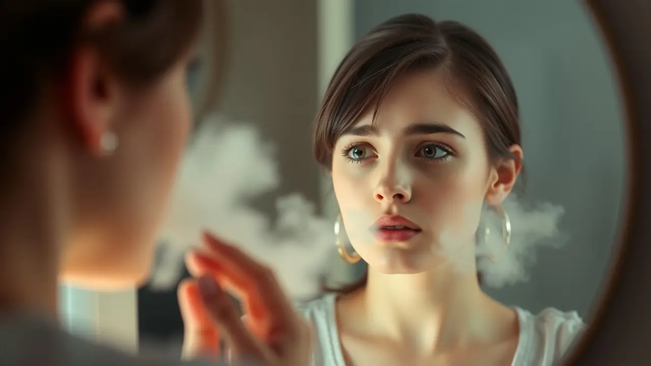 Significado de Sonhar com Hálito: Uma Análise Detalhada Mulher preocupada com o reflexo e hálito no espelho