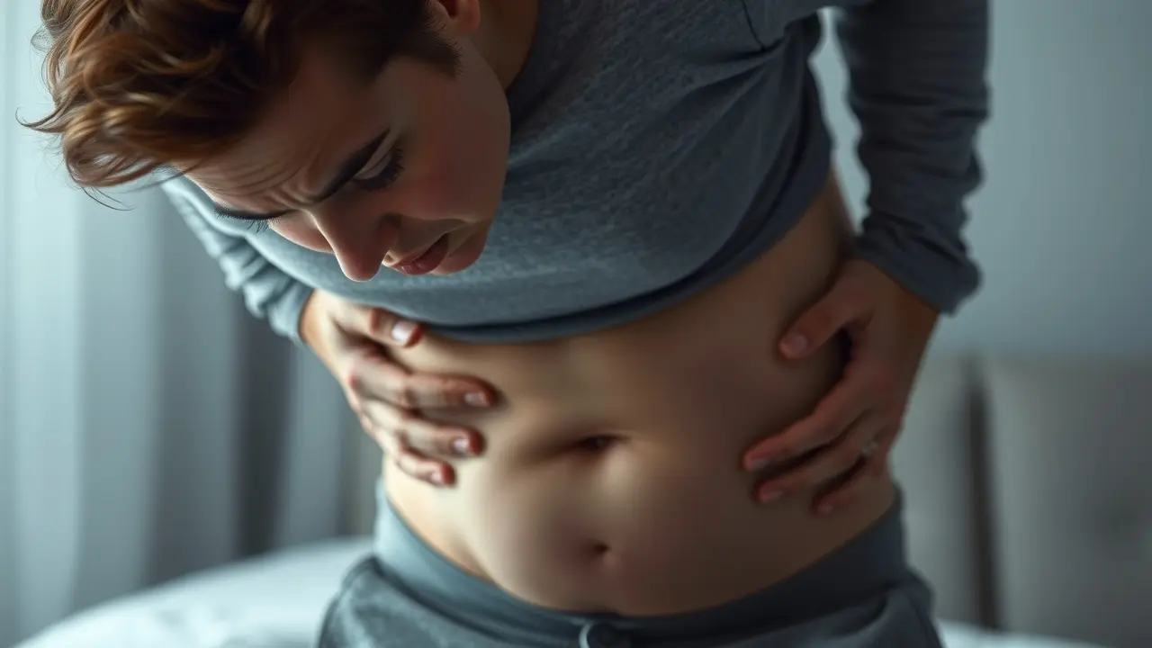 Mulher preocupada olhando para hérnia abdominal