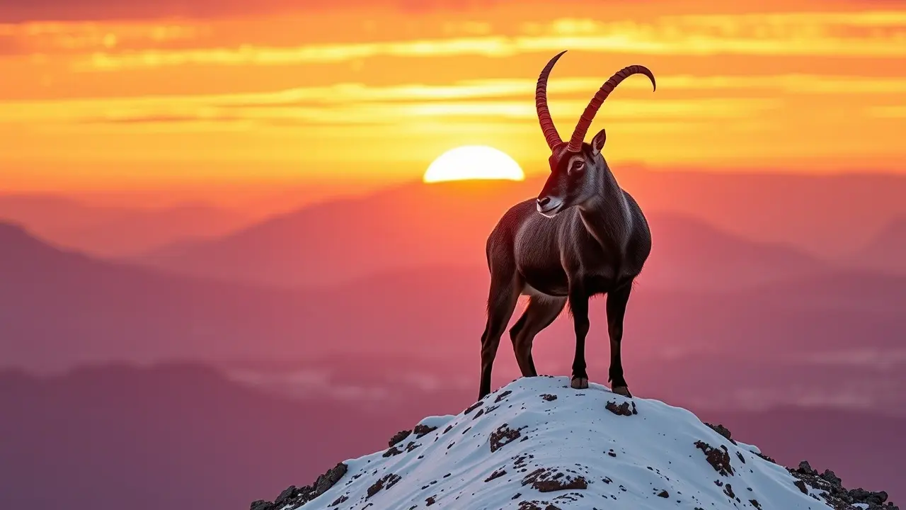 Ibex no topo da montanha ao amanhecer