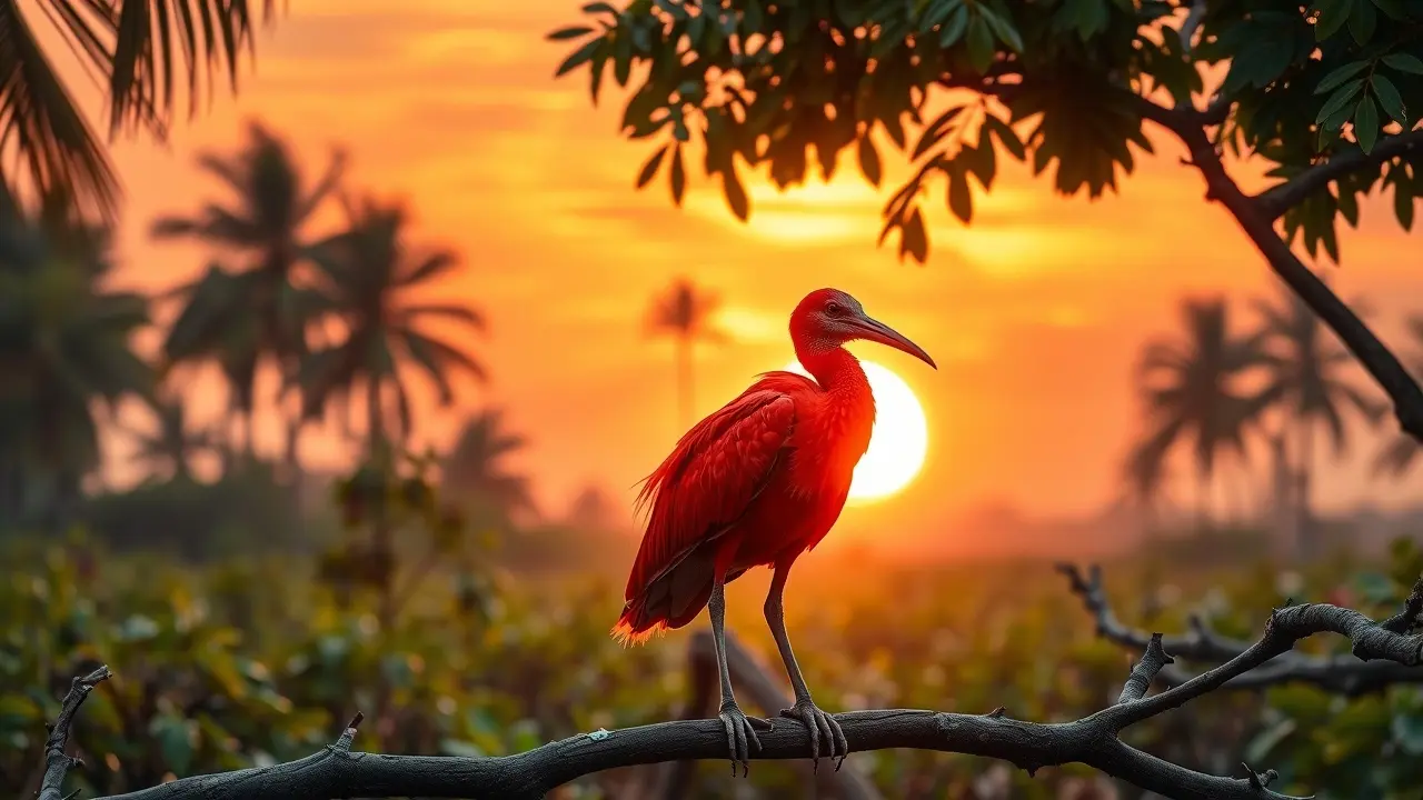 Íbis-escarlate em manguezal ao entardecer.