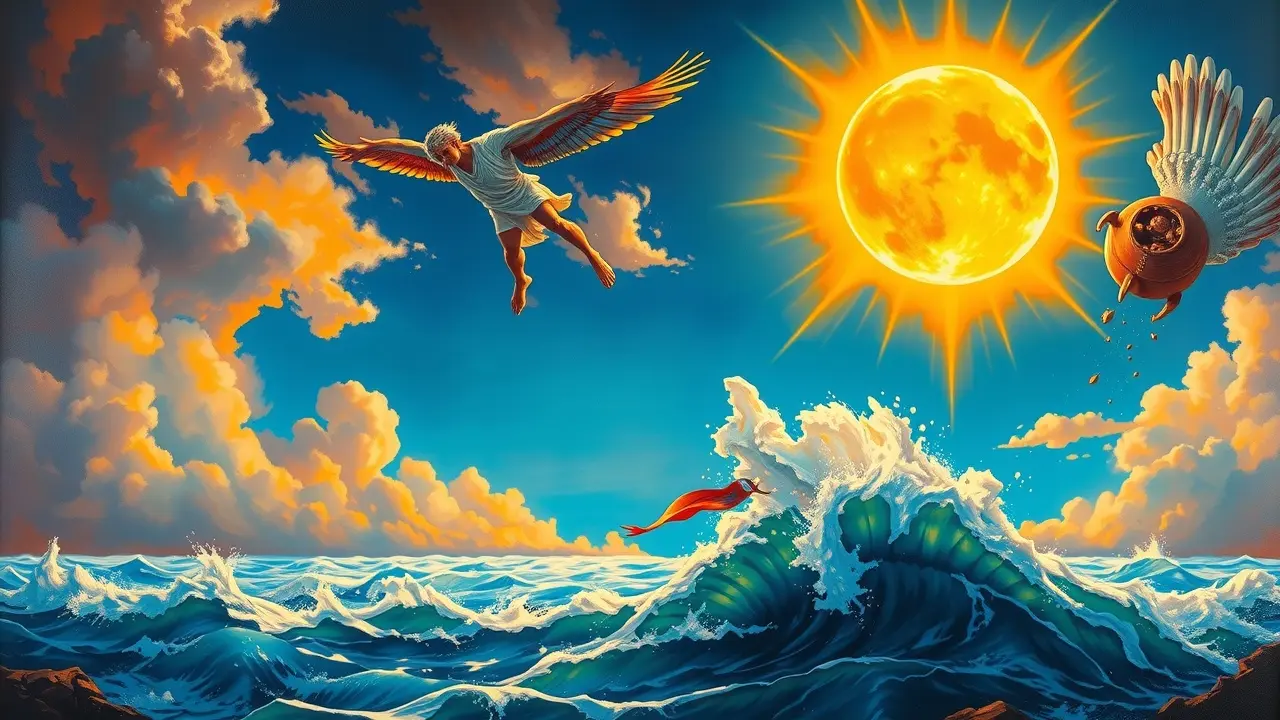 Sonhar com Ícaro: Decifre os Significados e os Avisos Ocultos Ícaro caindo do céu com asas derretidas