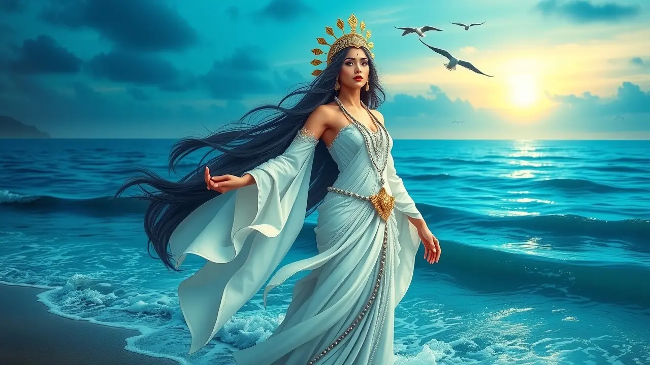 Iemanjá na praia ao amanhecer