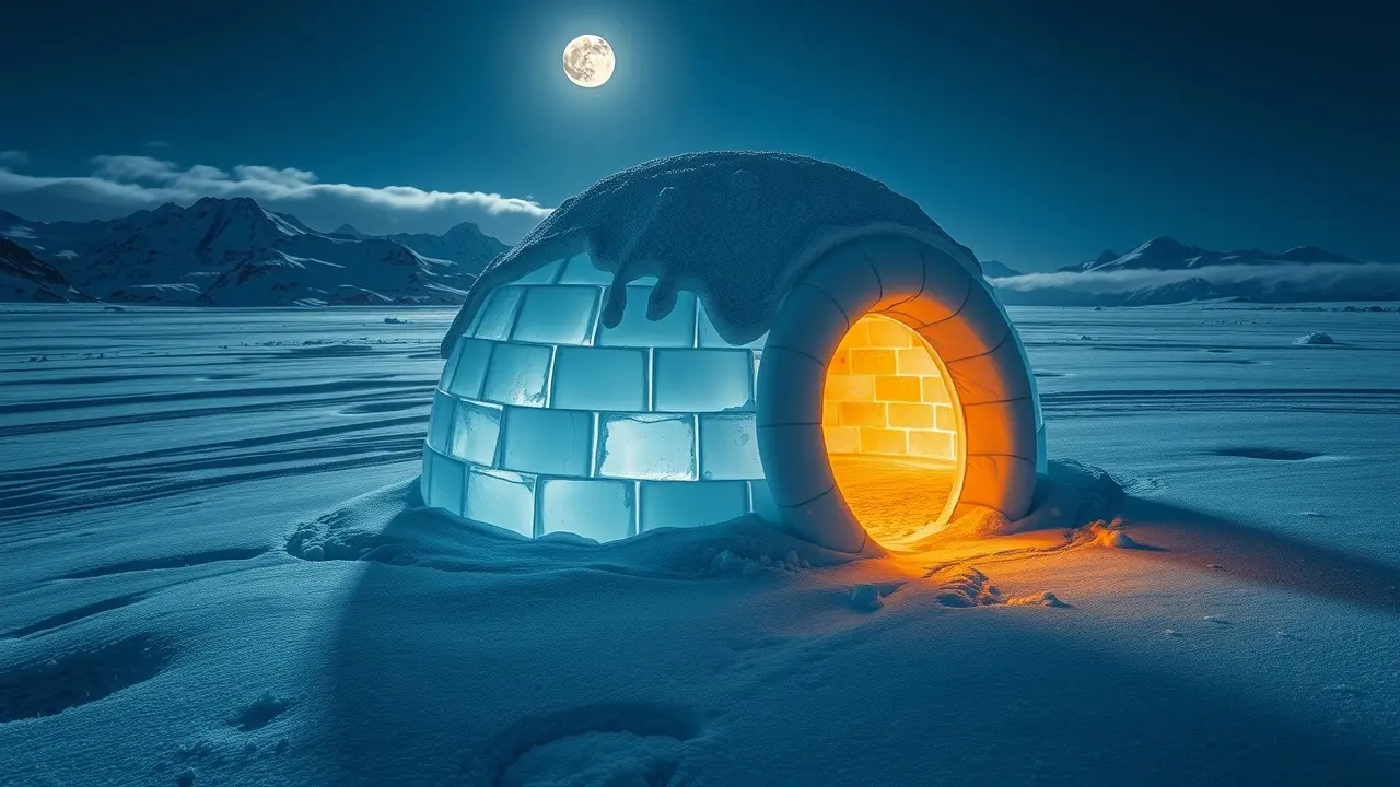 Iglu iluminado na paisagem nevada noturna