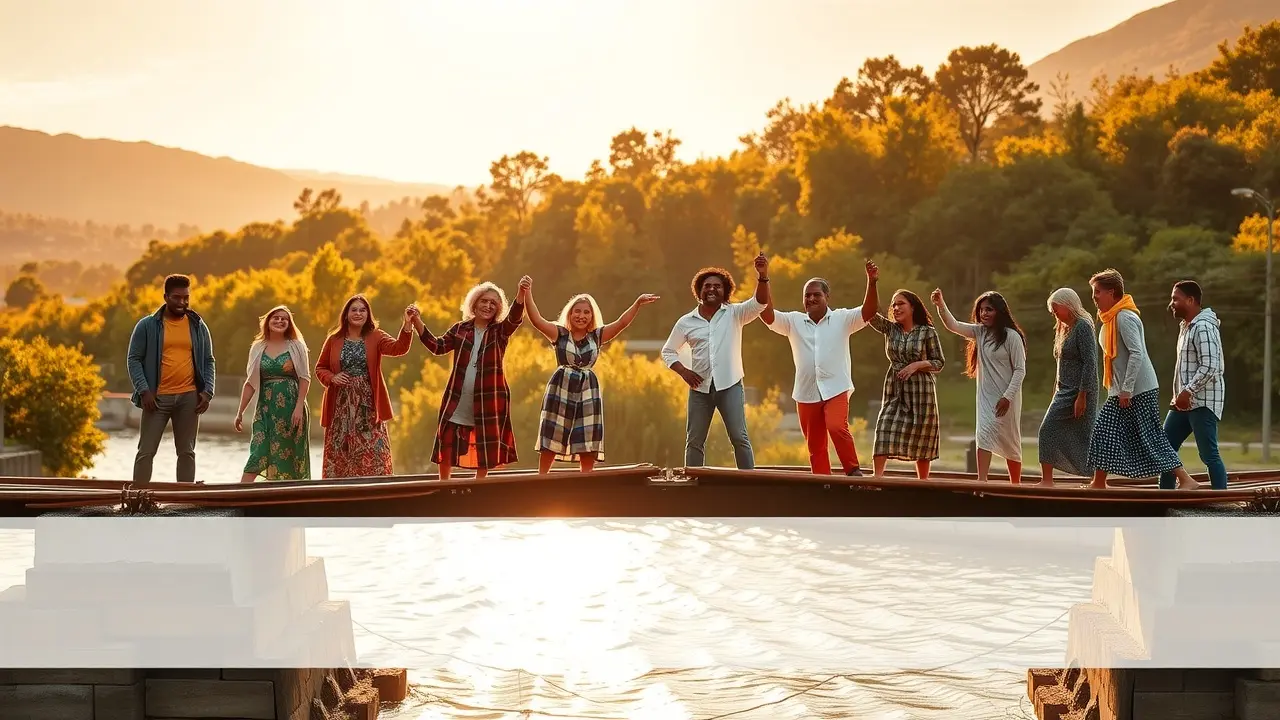 Sonhar com Igualdade: Descubra o Significado e a Interpretação Pessoas de diferentes origens construindo uma ponte juntas, representando igualdade.