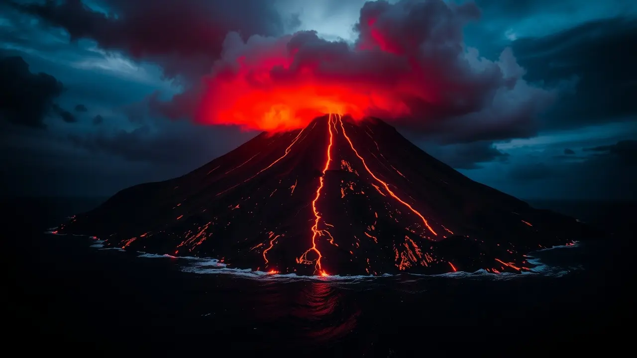 Ilha vulcânica em erupção noturna.