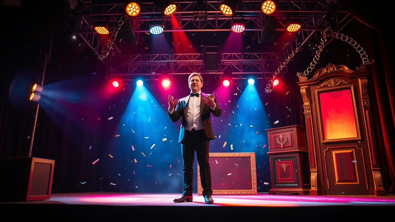 Ilusionista em palco realizando truque de mágica.