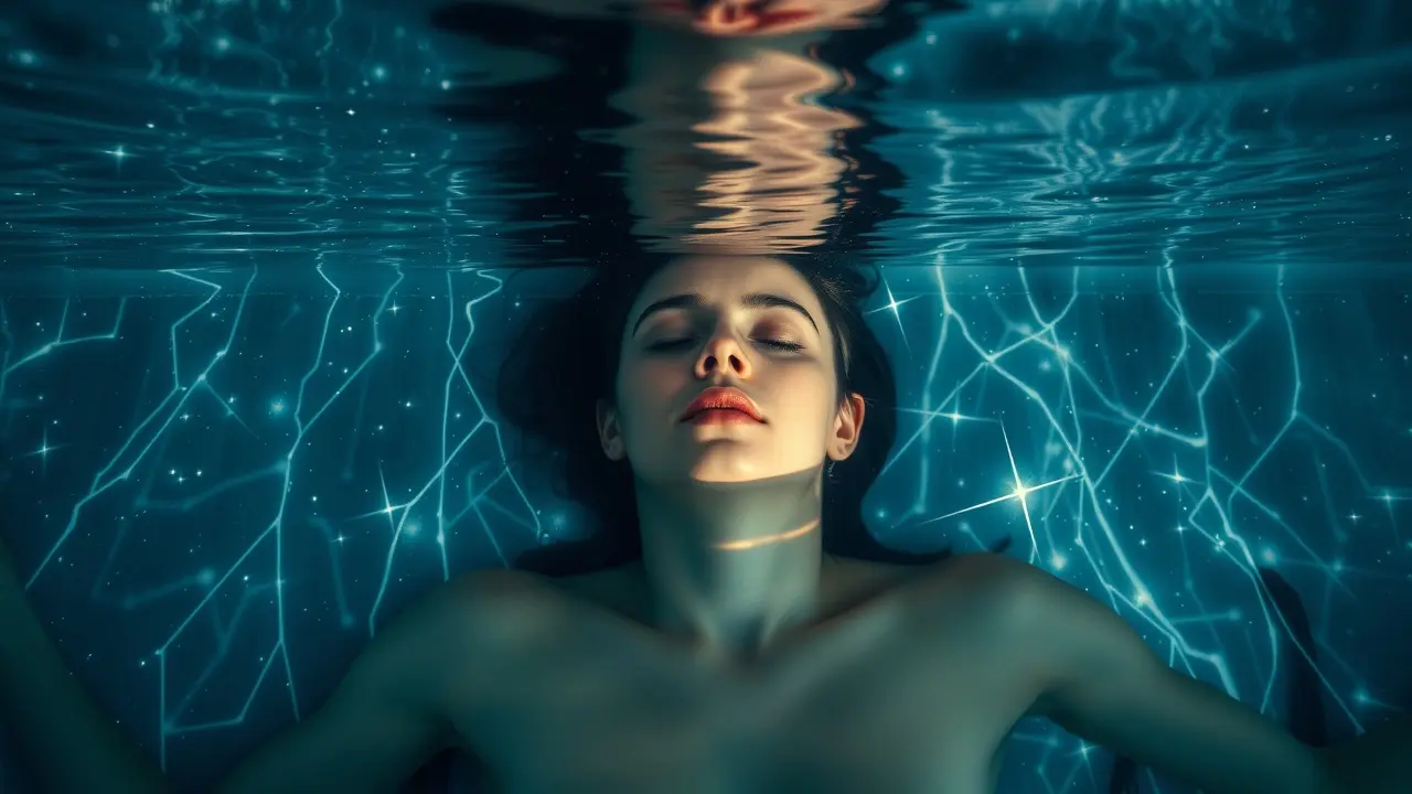 Pessoa imersa em água cristalina refletindo o céu estrelado