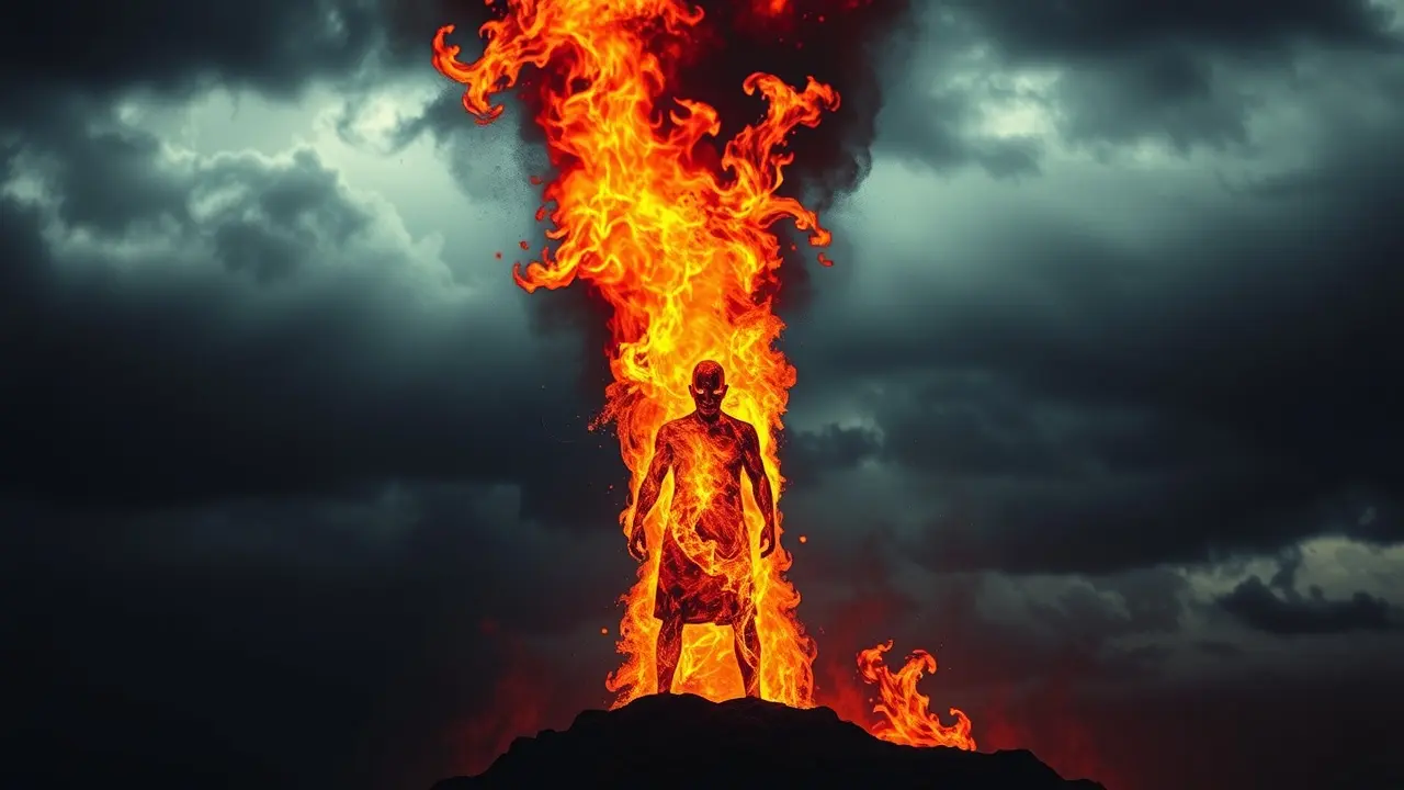 Significado de Sonhar com Imolação: Uma Análise Profunda Pessoa em chamas em meio a tempestade.