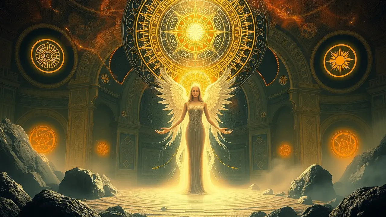 Significado de Sonhar com Imortalidade: Desvendando o Inconsciente Figura etérea em reino atemporal, luz celestial e símbolos antigos