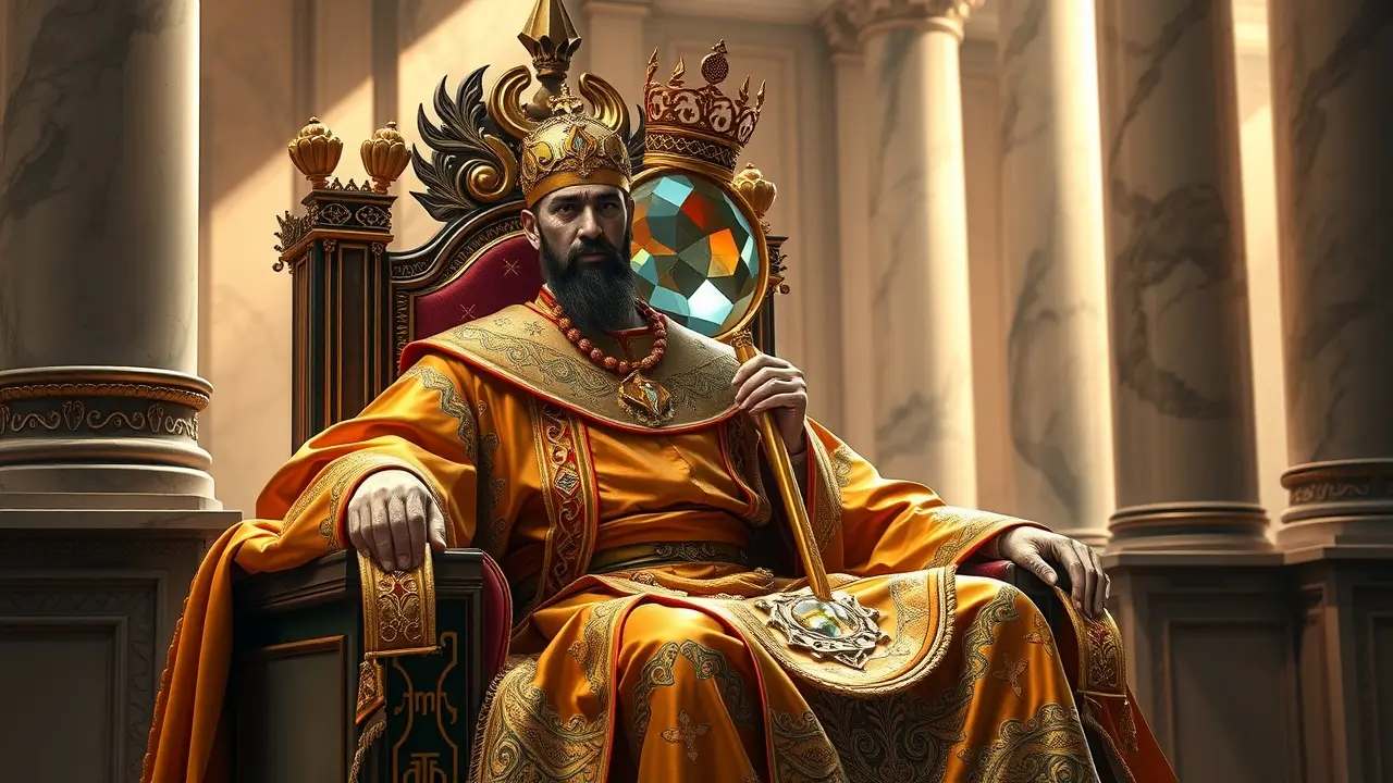 Um imperador sentado em seu trono, com vestes douradas.
