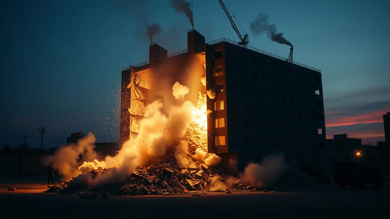 Sonhar com Implosão: Descubra os Significados Ocultos Implosão controlada de edifício ao entardecer.