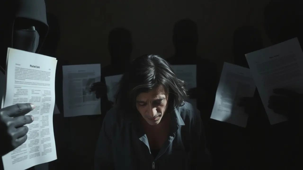 Pessoa angustiada cercada por figuras sombrias recebendo documentos sob luz opressiva