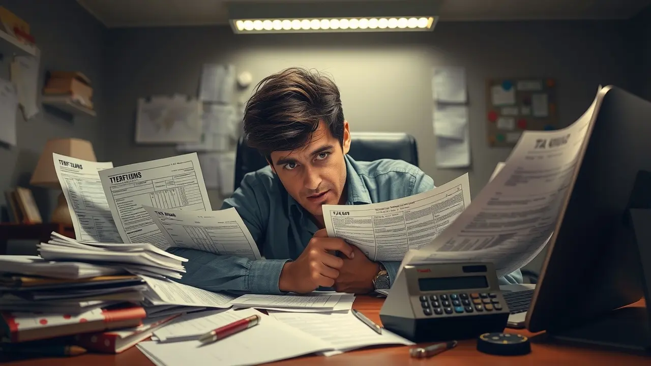 Pessoa sobrecarregada com formulários de imposto.