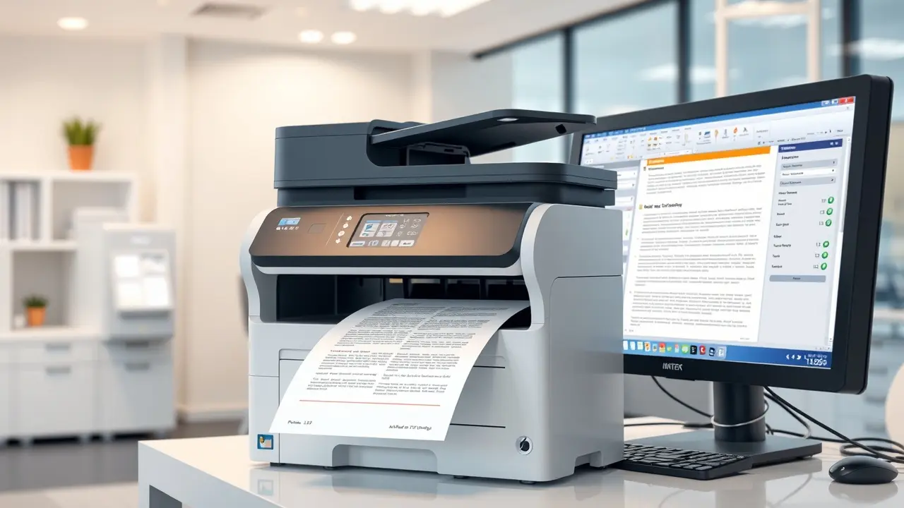 Impressora moderna imprimindo documento em escritório.