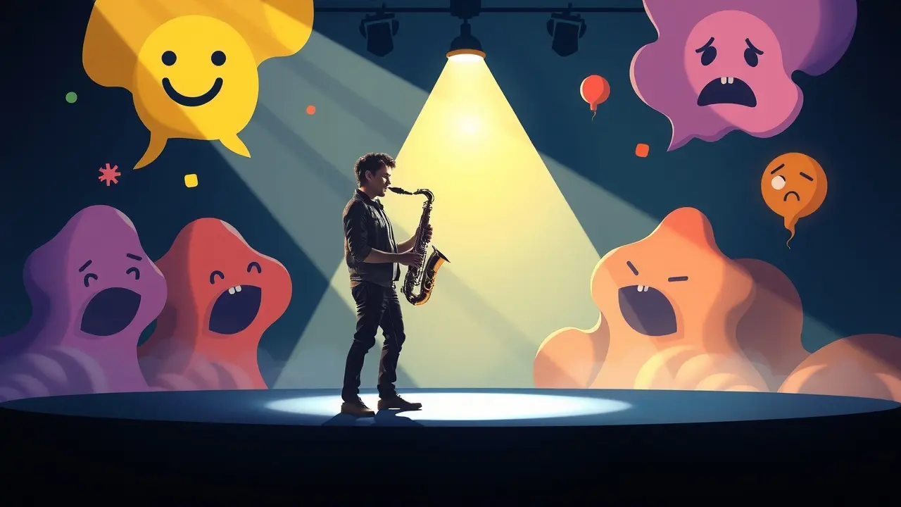 Pessoa improvisando com saxofone em palco onírico