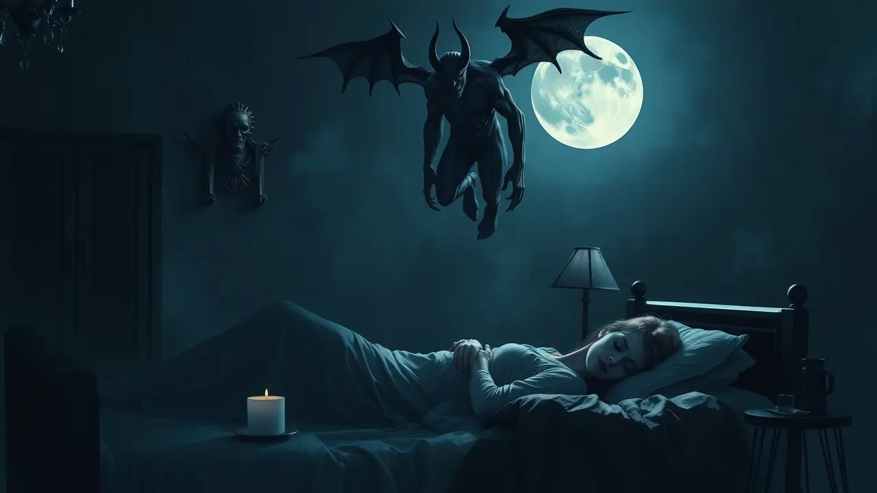 Mulher dormindo com a sombra de um íncubo sobre ela.