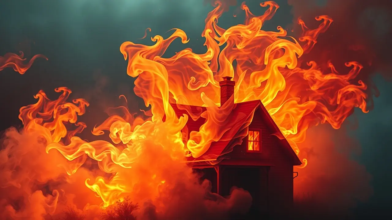 Casa em chamas simbolizando transformação onírica