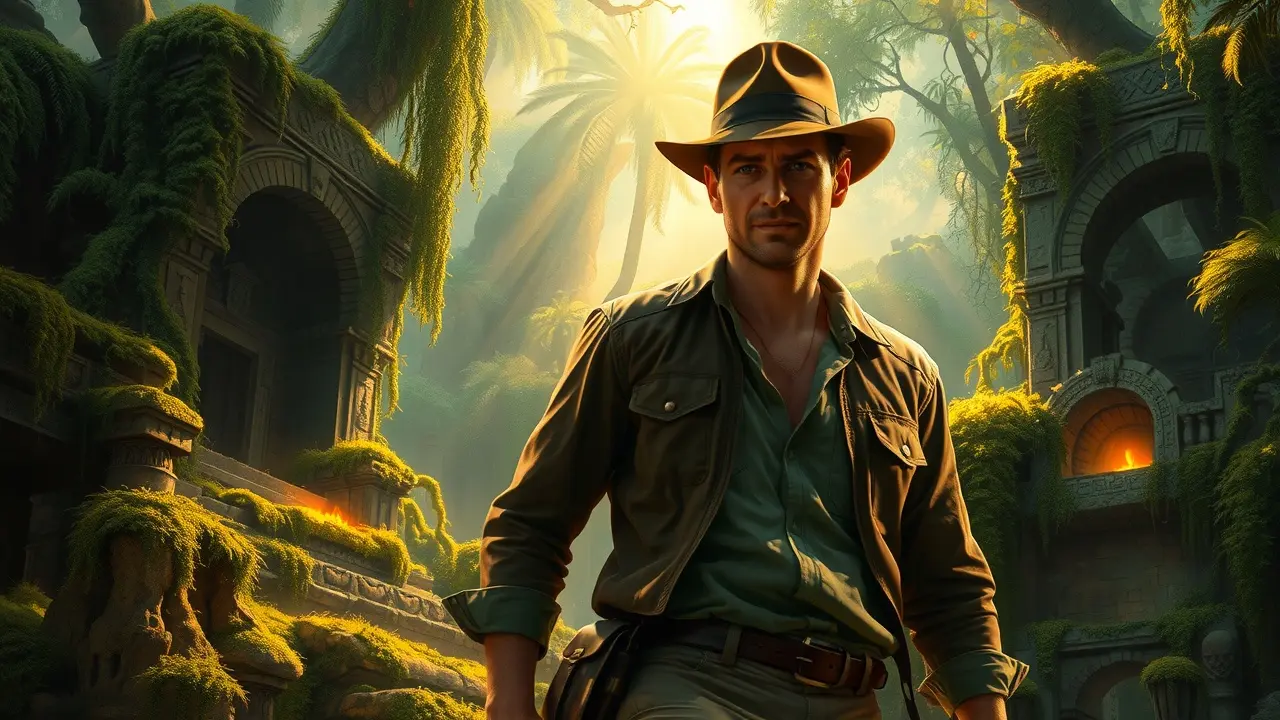 Significado de Sonhar com Indiana Jones: Desvende os Mistérios dos Seus Sonhos Indiana Jones em sonho, selva exuberante e tesouros escondidos.
