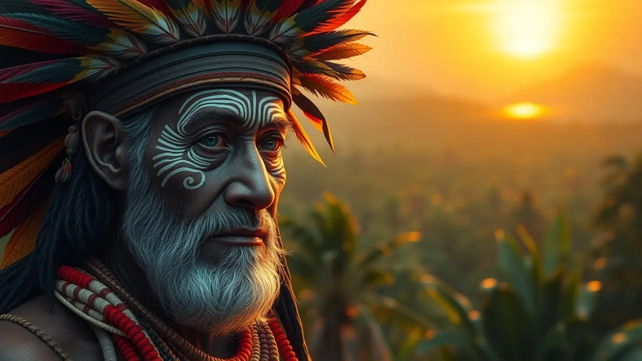 Significado de Sonhar com Índio: Interpretações e Simbolismos Xamã indígena sábio com cocar de penas coloridas