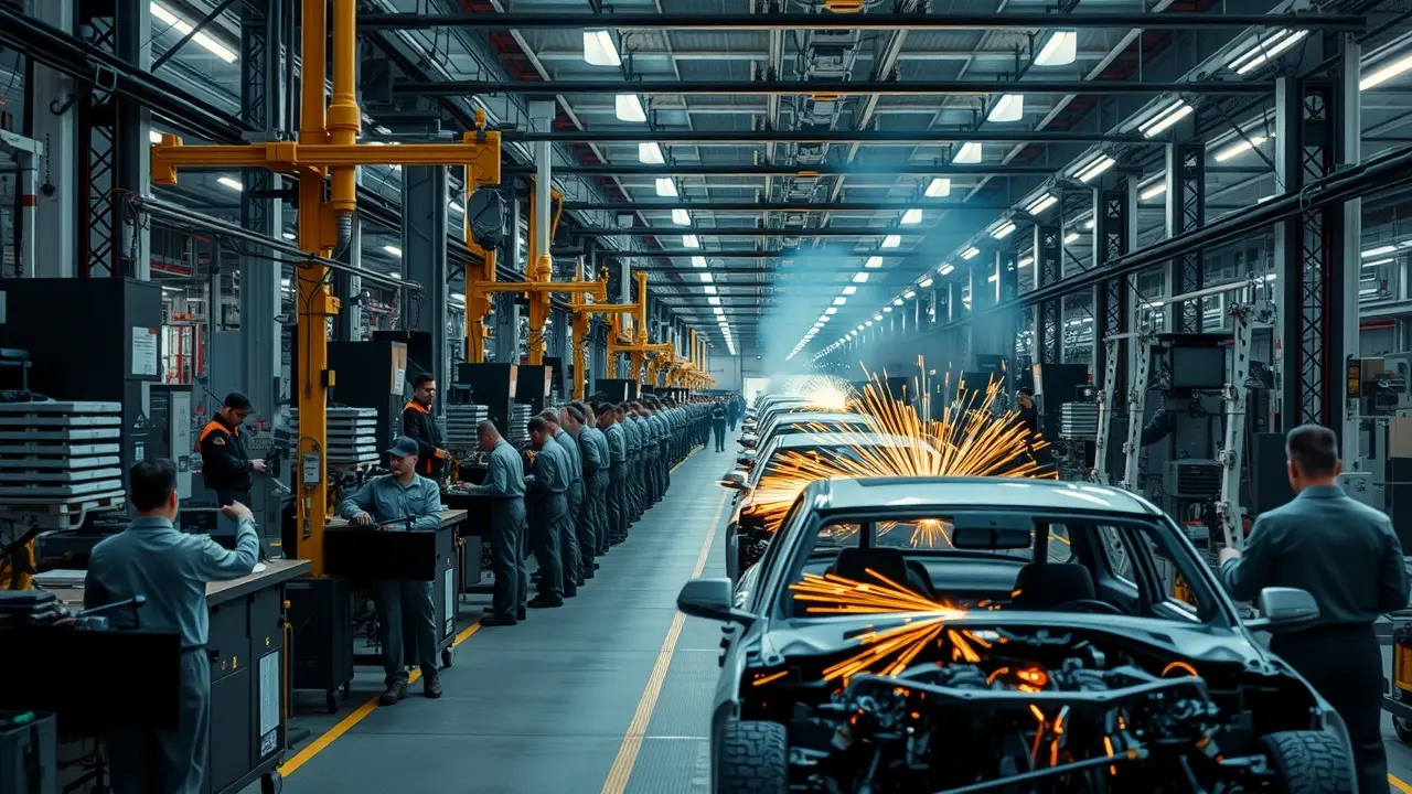 Fábrica movimentada com operários e máquinas.