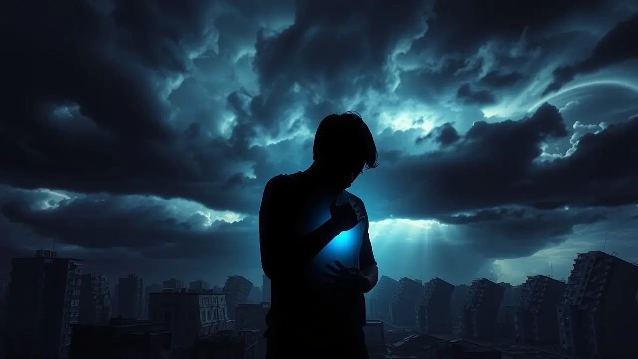 Homem com a mão no peito em sonho sombrio sobre infarto