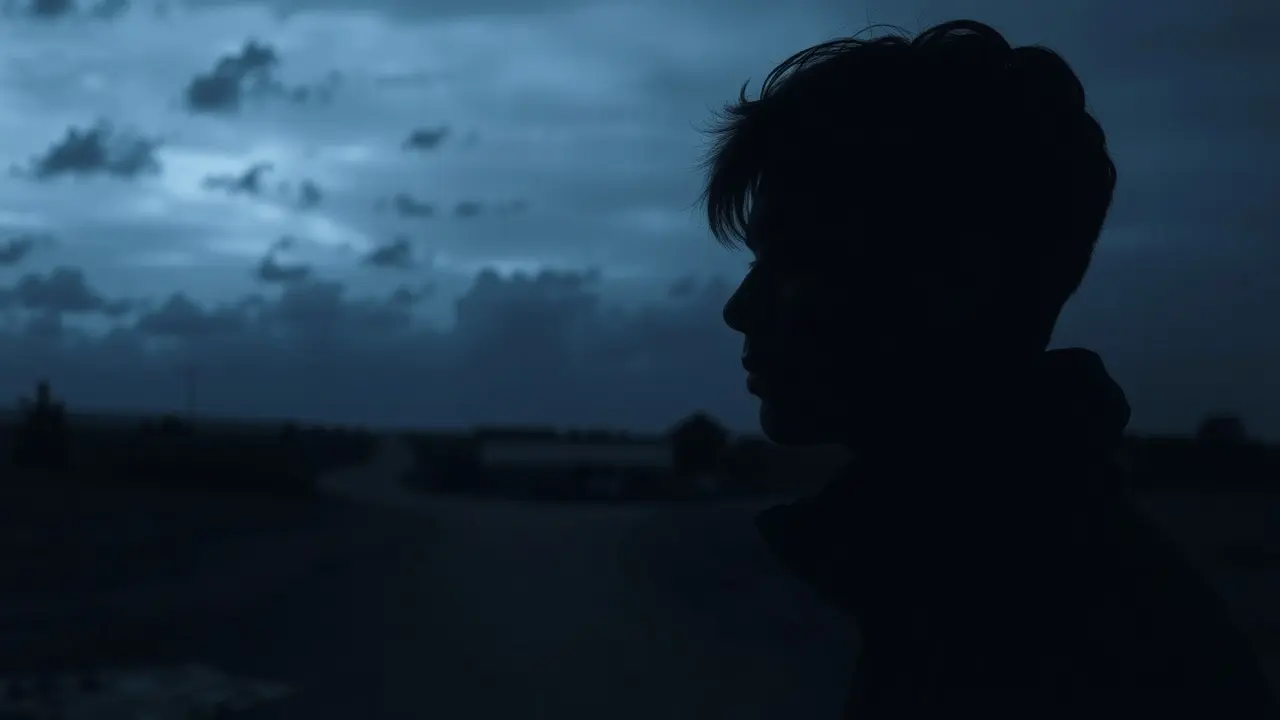 Silhueta de pessoa triste em paisagem melancólica