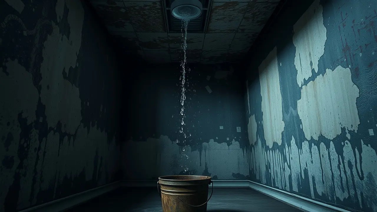 Infiltração em teto com balde coletando água