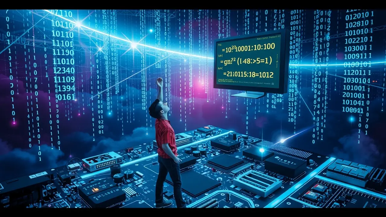 Sonho surreal com componentes de computador flutuando no espaço.