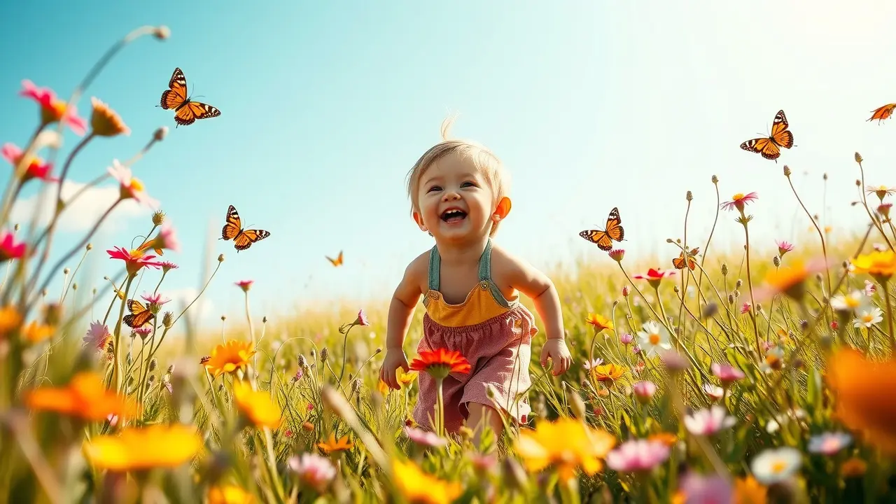 Sonhar com Infância: Descubra os Significados e Interpretações Criança feliz brincando em campo florido