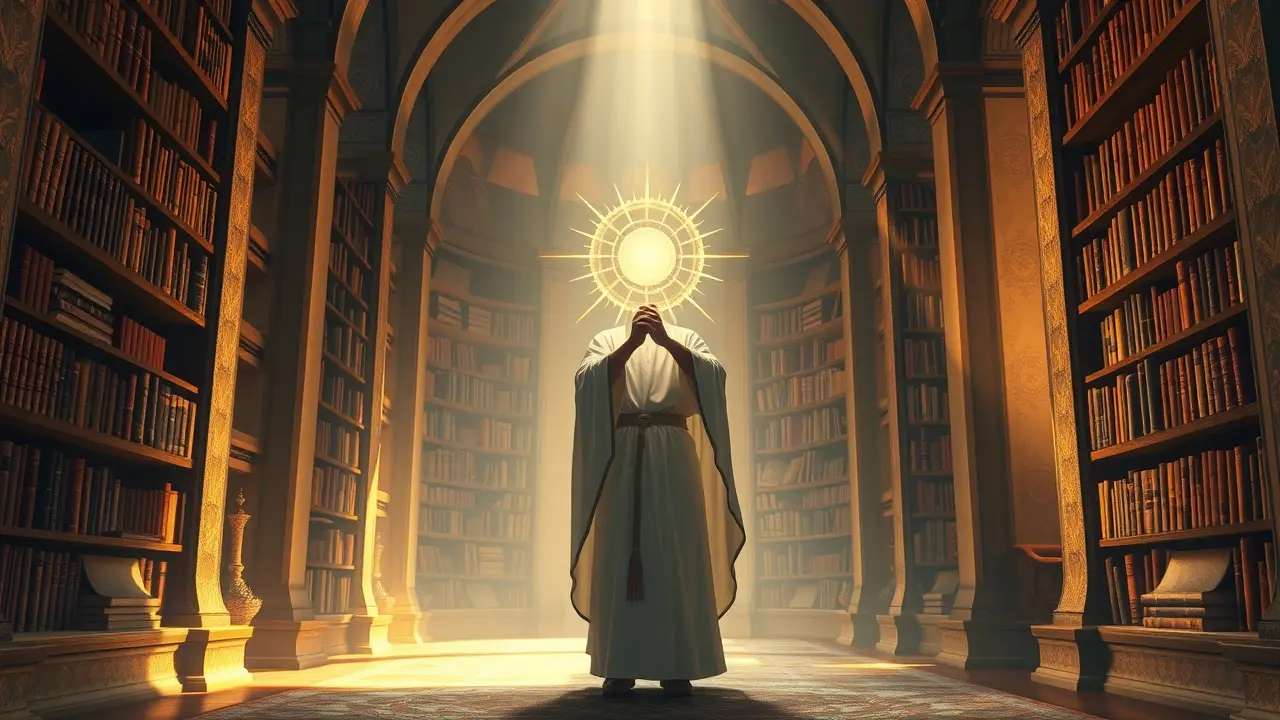 Iniciado à porta da biblioteca antiga, iluminado.